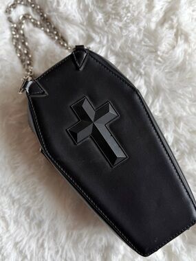 Vintage Coffin Cross Accent Handheld Bag Black Faux Leather Red Interior Goth